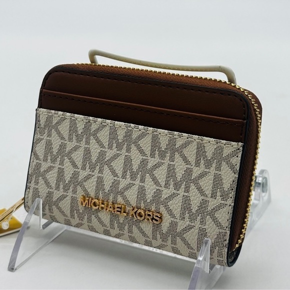 Michael Kors Medium Jet Set Travel MD ZA Card Case Wallet Vanilla/Brown - Picture 3 of 8